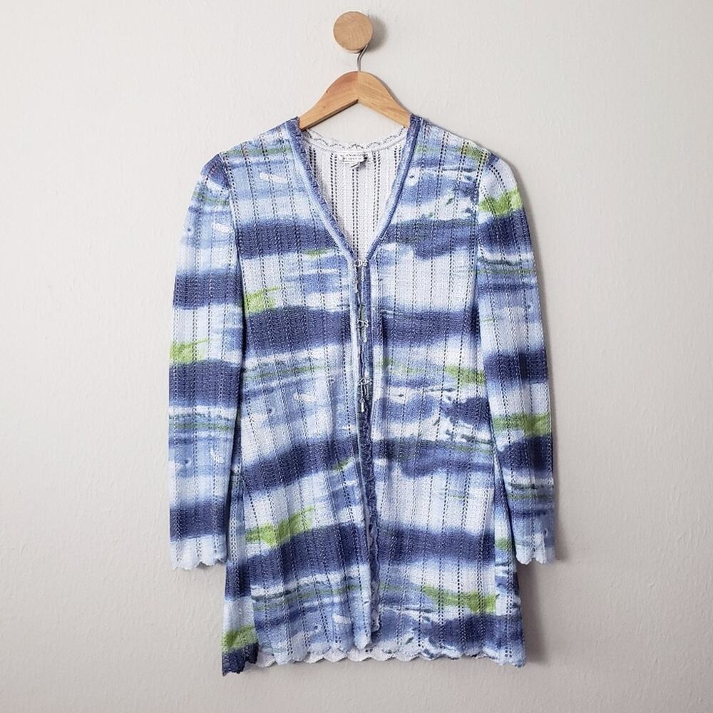 St. John Sport Marie Gray Blue Marbled Wool Cardigan Sweater Petite Quiet Luxury